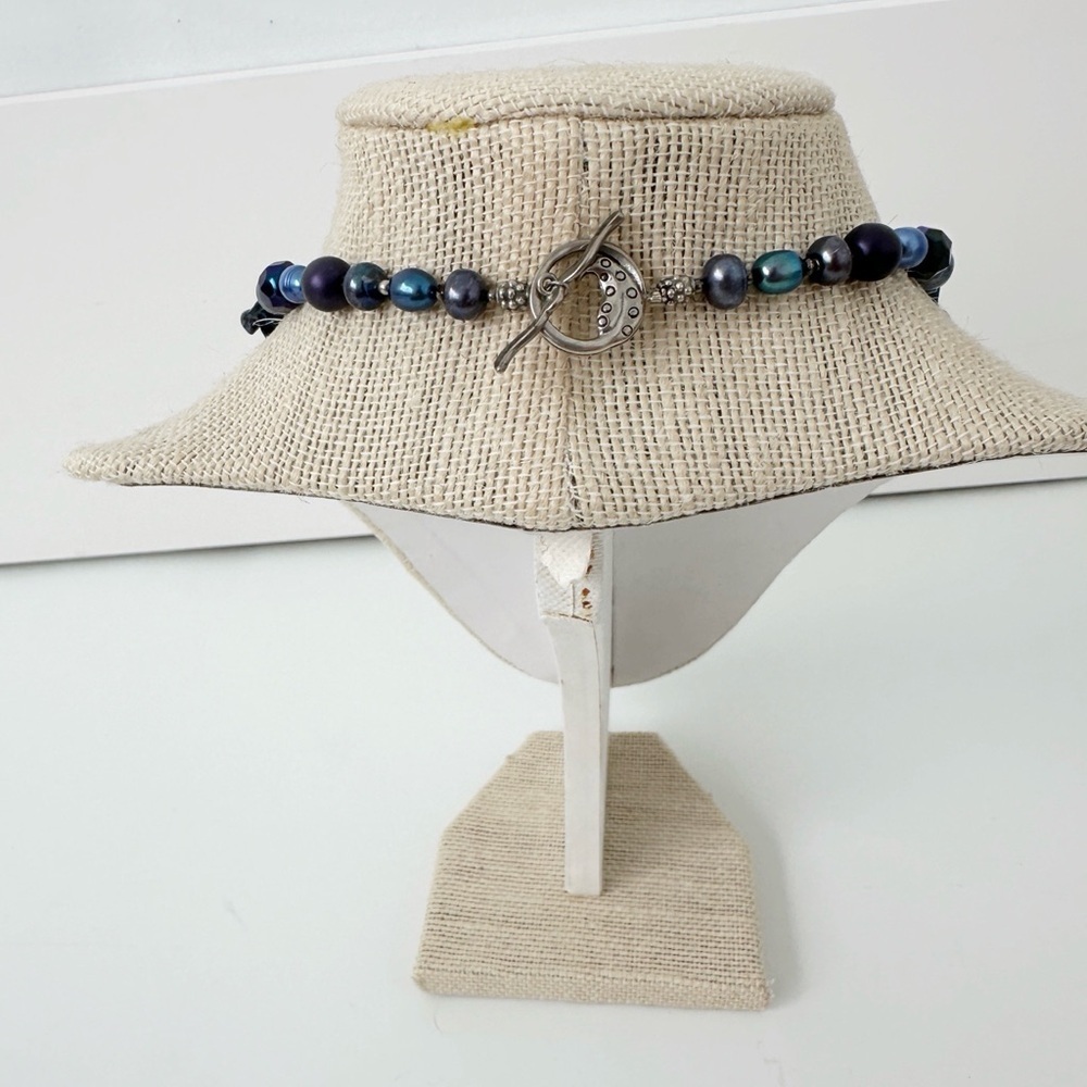 Genuine Sterling Silver Necklace, Blue & Pink Pearls, Dichrioc Glass Pendant - Picture 6 of 11